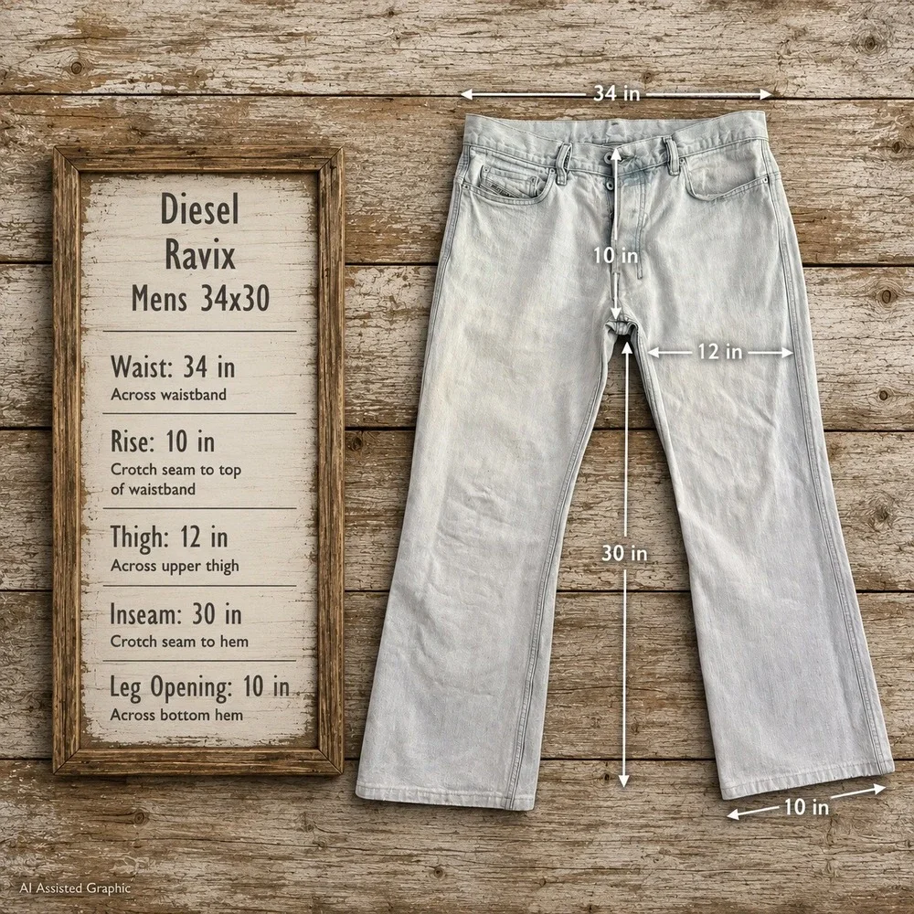 Diesel Ravix Mens 34x30 Light Blue Wash Bootcut Wide Leg Jeans Made in Italy